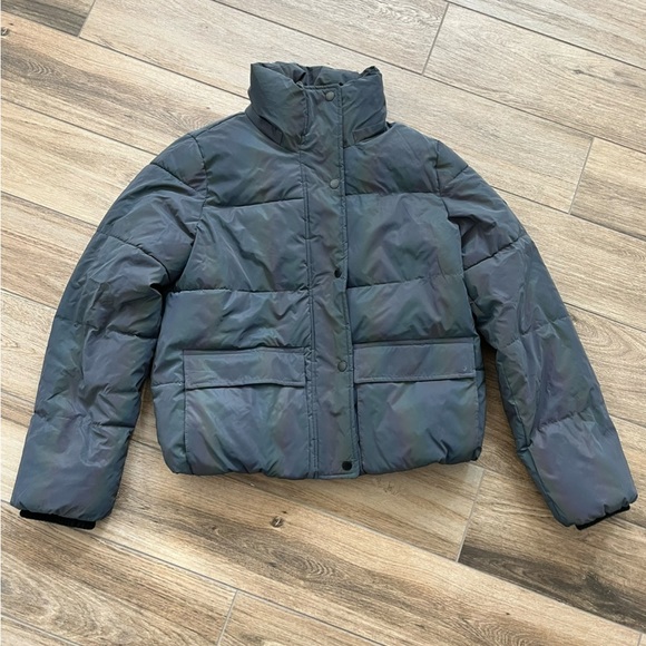 DKNY charcoal gray iridescent puffer jacket- Size: Small - Picture 1 of 5